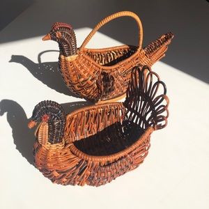 Vintage Woven Wicker Pair of Bird Baskets Set of 2 MCM Boho